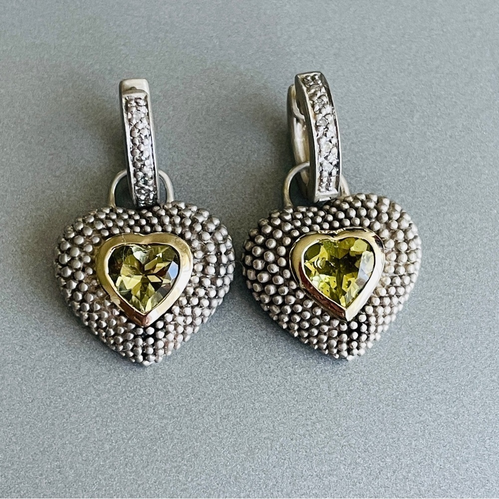 Diamond Heart Peridot Charm Huggie Caviar Dotted Earrings 14K Gold, Ster…